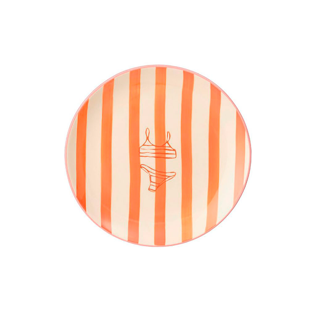 Assiette à dessert maillot de bain en céramique rayée orange et écru d20cm - Mag