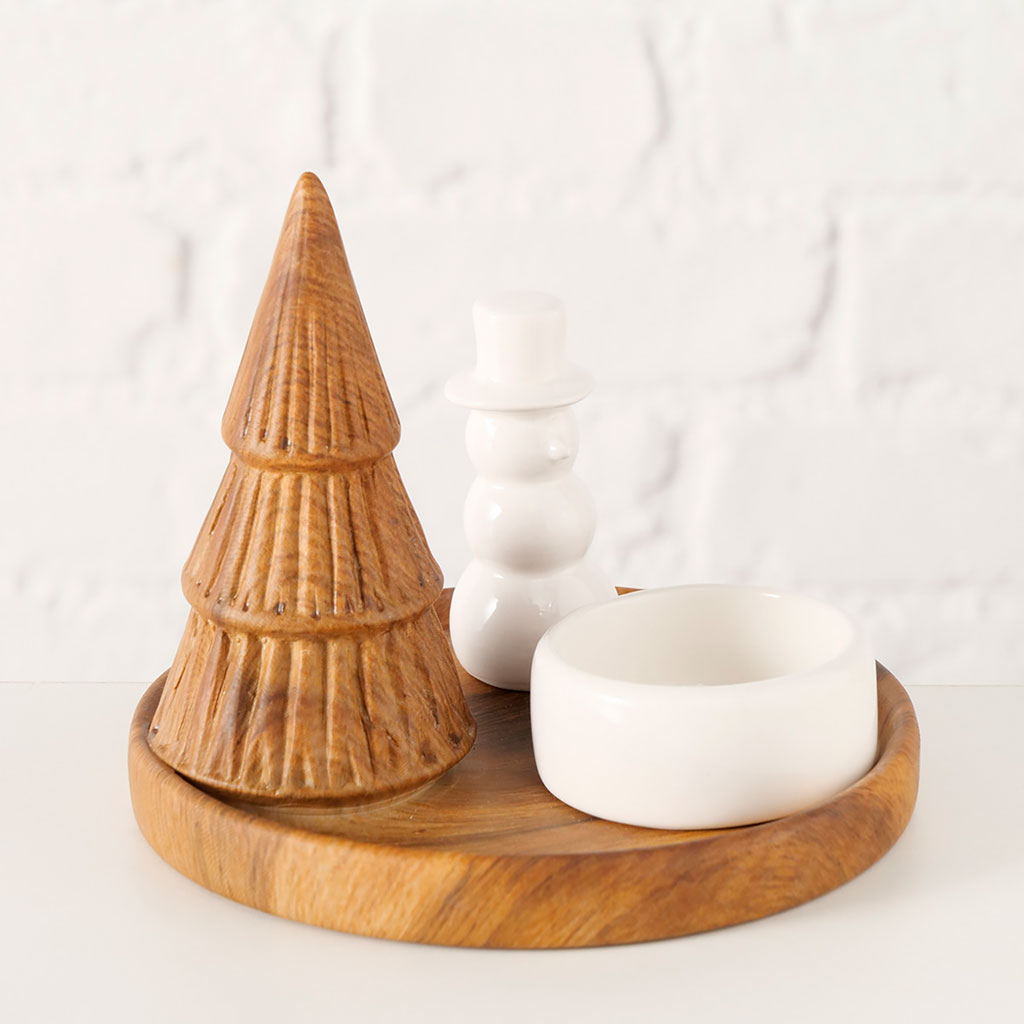 Bougeoir sapin en bois et grès blanc h11cm