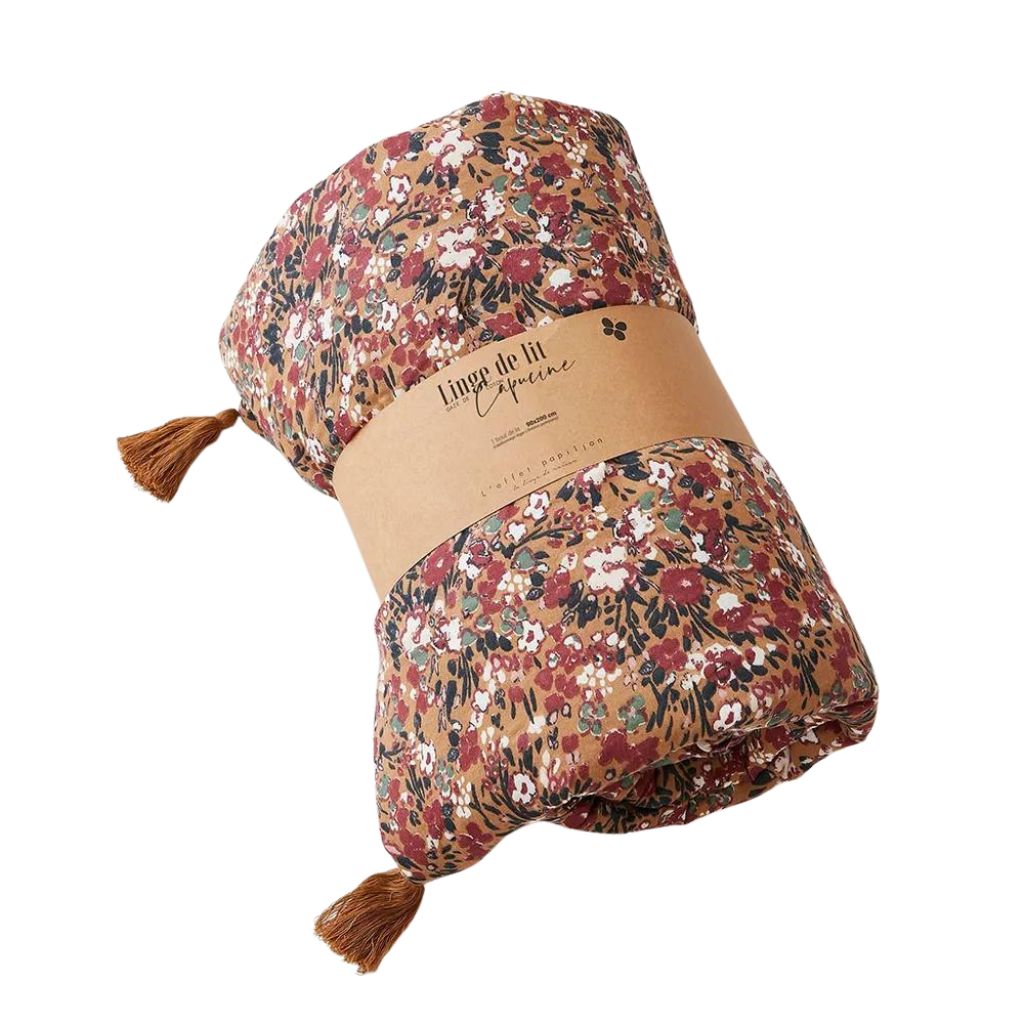 Bout de lit en gaze de coton imprimée camel 90x200cm - Capucine