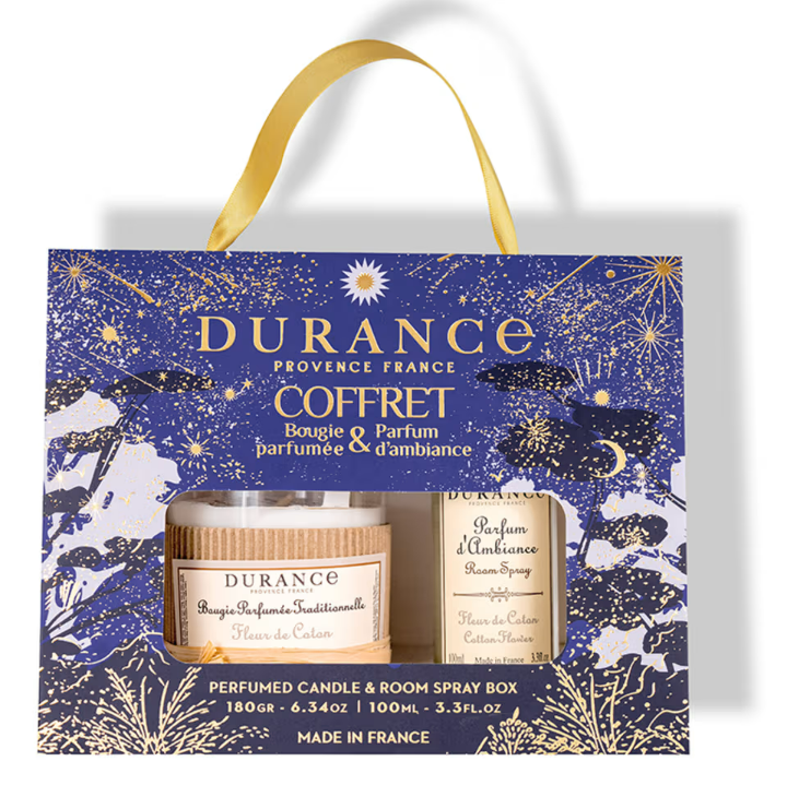 Coffret cadeau parfum d'ambiance 100ml et bougie parfumée 180g fleur de coton 