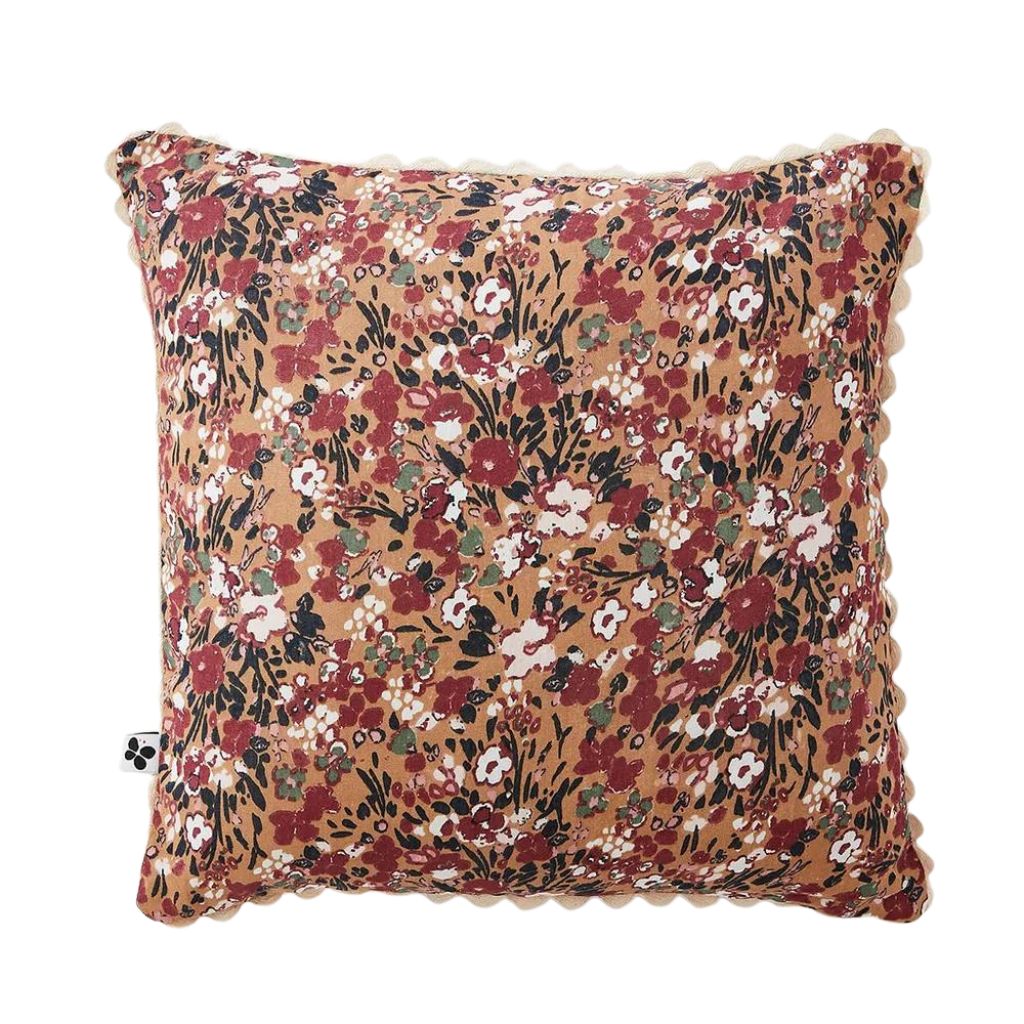 Coussin déhoussable avec croquet en gaze de coton imprimée camel 40x40cm - Capucine