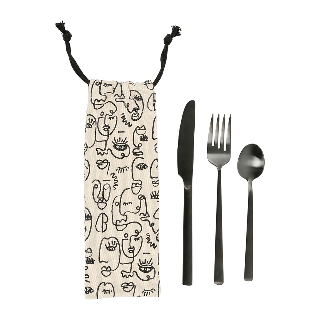 Couverts en inox à emporter avec pochette visage -terre brulee