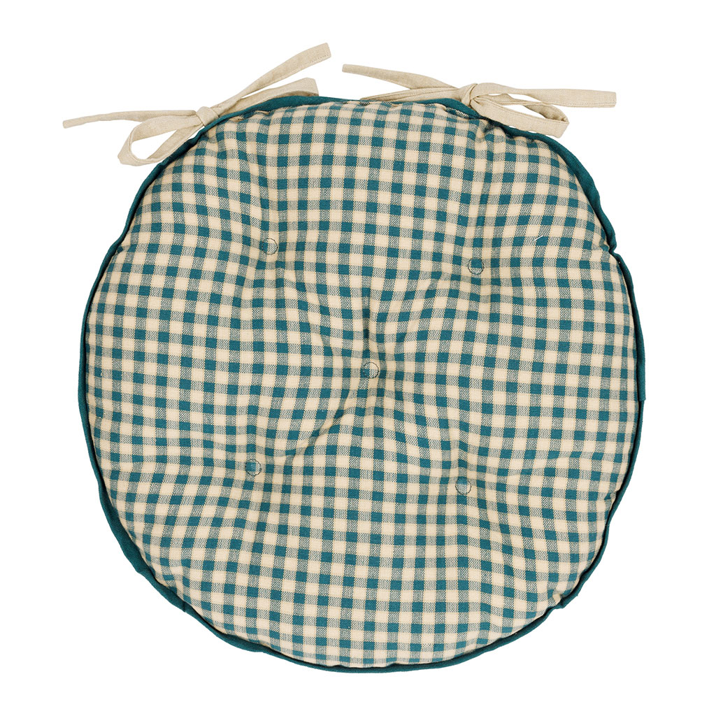 Galette de chaise ronde à carreaux en coton bleu antique d40cm