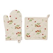 Gant et manique cerise en coton écru - Jardin gourmand