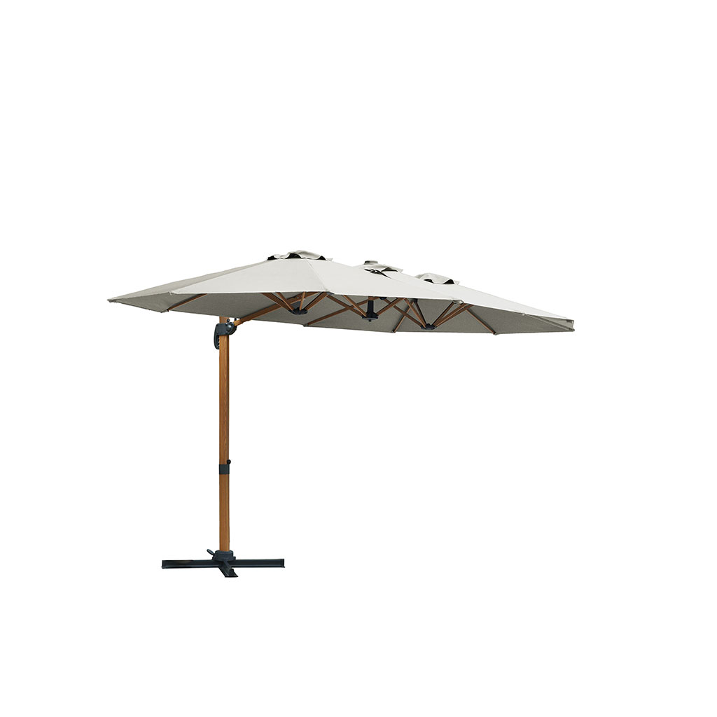 Parasol déporté rotatif 3 têtes en tissu écru et acier effet bois h250cm - Triano