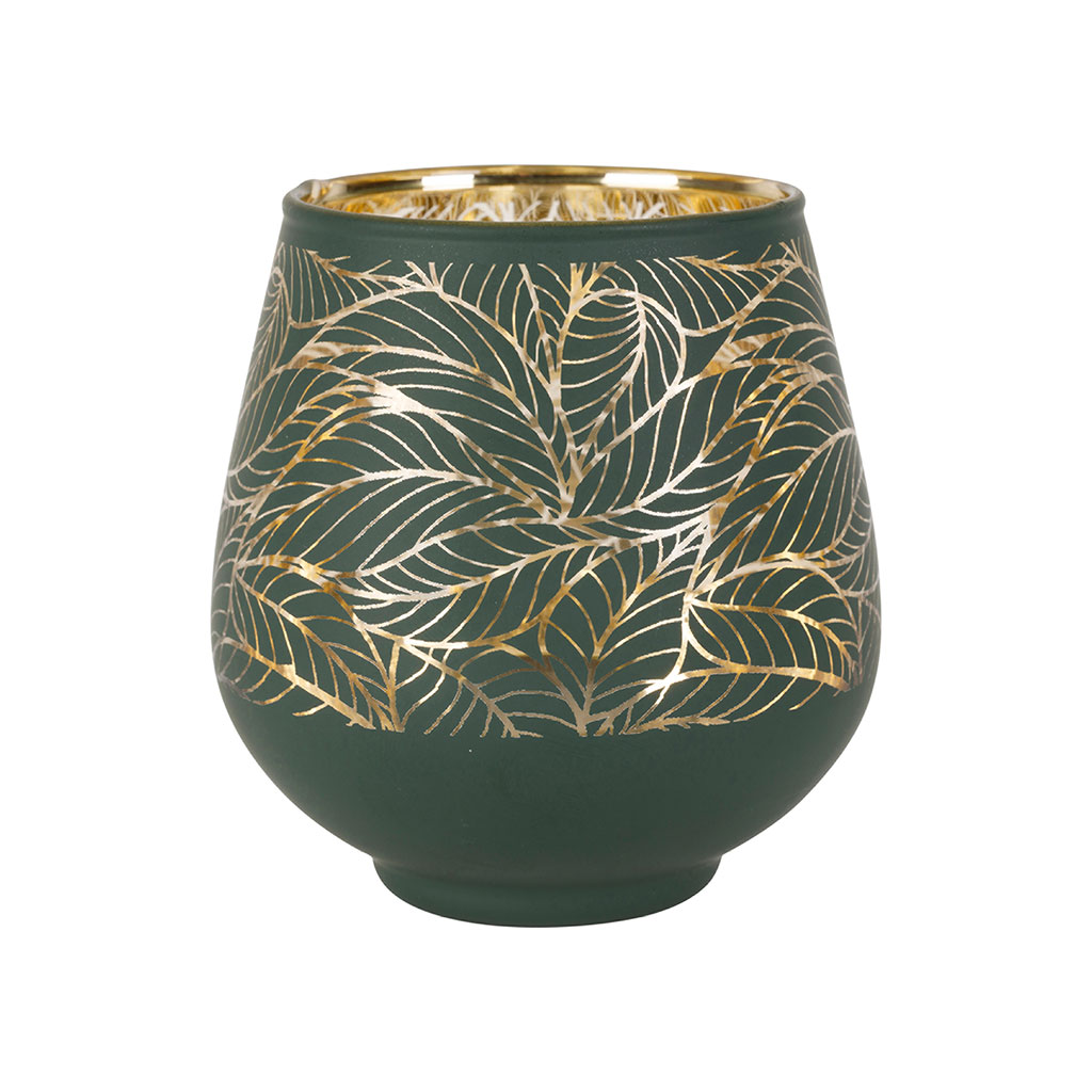 Photophore en verre doré et vert mat h10cm - Feuille