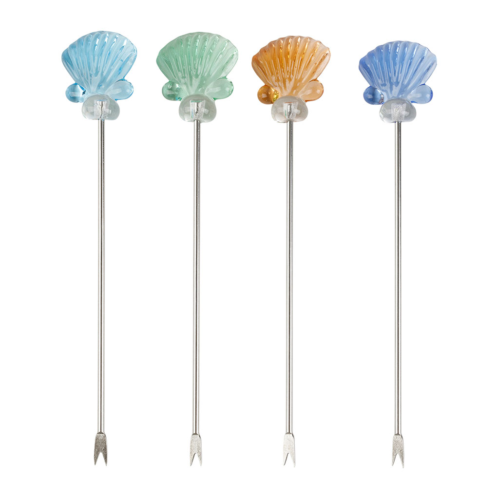 Piques à cocktail coquillage x4 en inox et verre multicolore