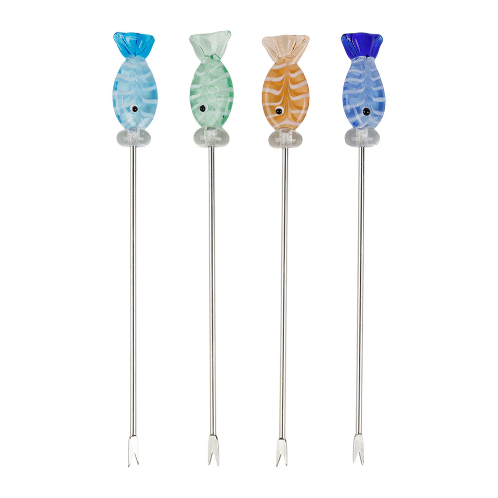 Piques à cocktail poisson x4 en inox et verre multicolore