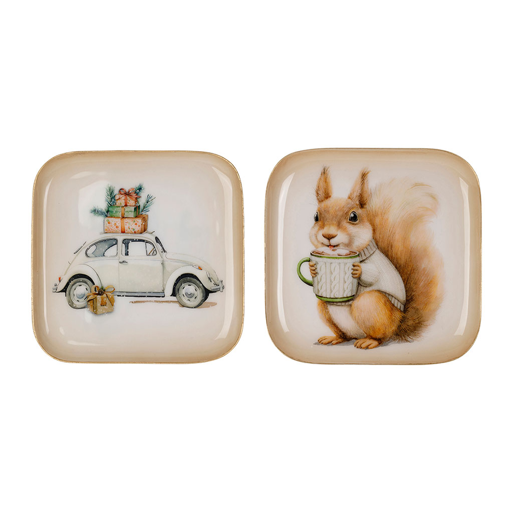Plateaux (x2) écureuil et voiture noël en fer 16x16cm