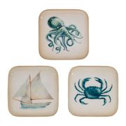 Plateau carré (x3) en fer bleu 16x16cm - Bord de mer