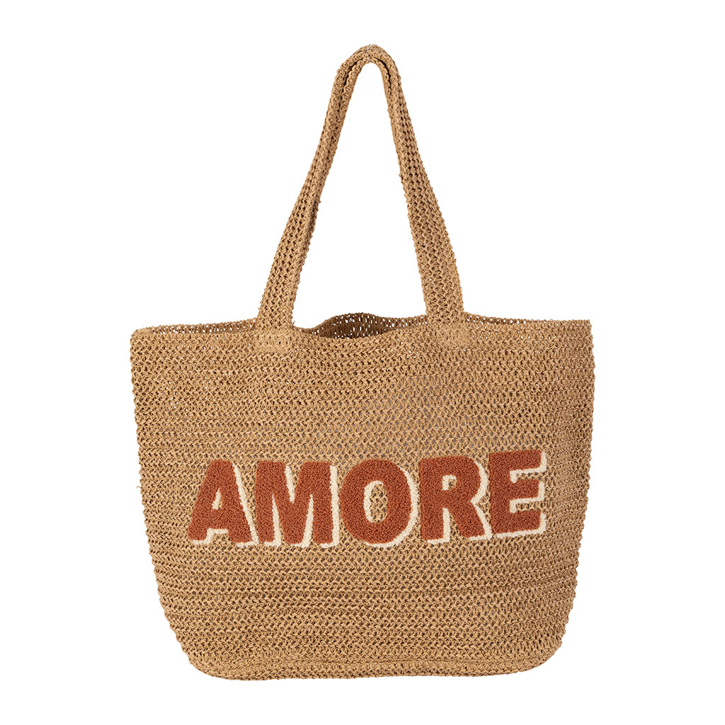 Sac brodé "amore" en corde de papier naturel et terracotta - Lumi