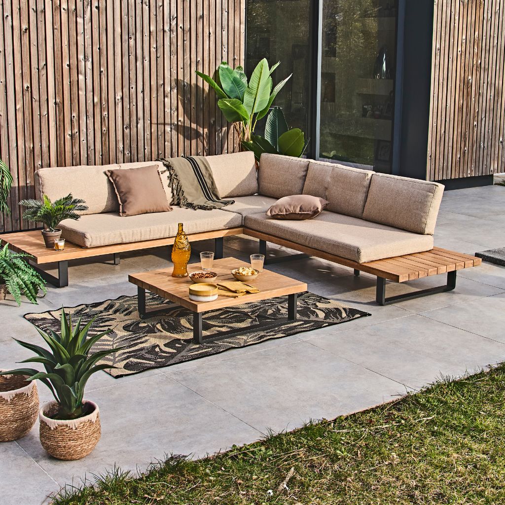 Salon de jardin d'angle en bois 5 places beige - Feros