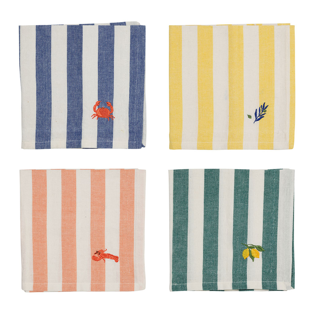 Serviettes de table x4 en coton rayé bleu, jaune, corail et vert 45x45cm - Plouf&Sun