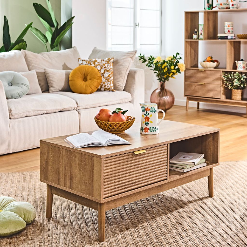 Table basse en bois 1 tiroir 1 niche 100x50cm - Tiphaine