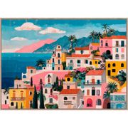 Toile imprimée encadrée village méditerranéen en pin 60x90cm