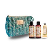 Trousse de voyage bleue gel douche 70ml, lait corps 70ml et crème mains fleur d'oranger 30ml
