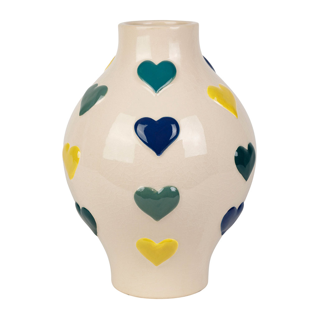 Vase cœur en porcelaine écru, bleu et jaune h29cm - Visage arty