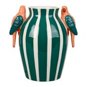 Vase perroquets en grès rayé vert et blanc h22cm - Jungle pop