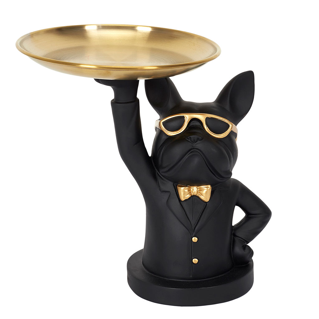 Vide poche bulldog en résine noir et or h21cm